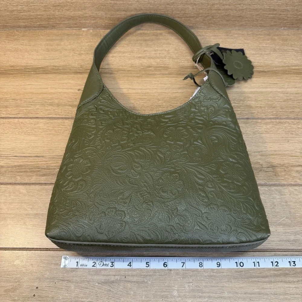 Genuine Tooled Leather Floral Shoulder Bag Hobo Dark Green Charm India Brooklyn